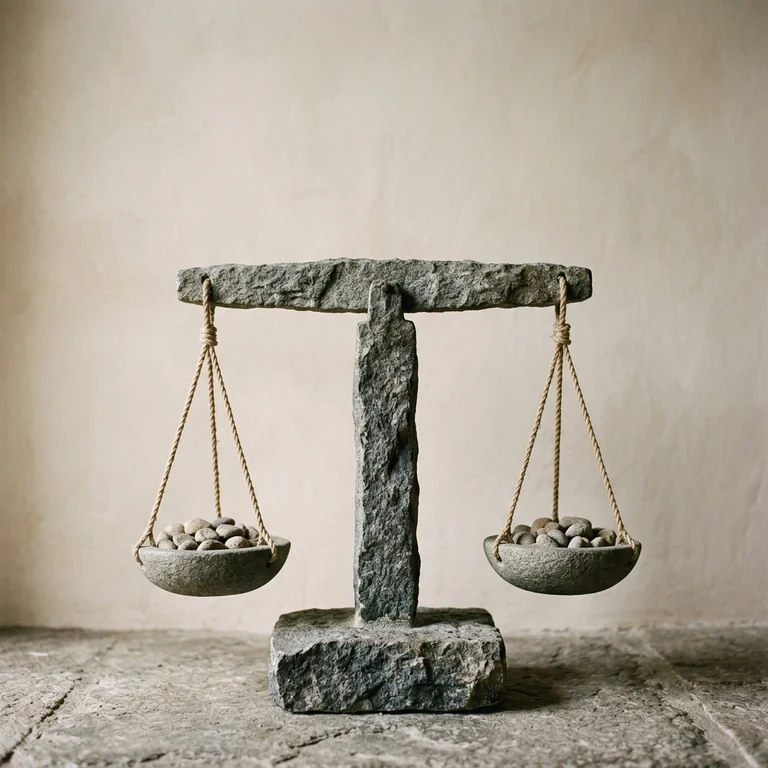 Una balanza de piedra en equilibrio perfecto con los dos platillos cargados de piedras