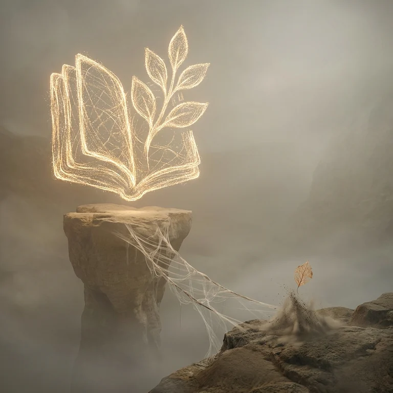 Un libro luminoso flotando sobre una columna de roca entre la niebla: mucha promesa arriba y muy poco terreno firme debajo