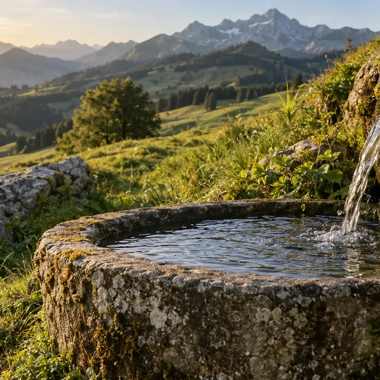 Fuente de piedra con agua que cae desde la roca, en una ladera verde con montañas al fondo