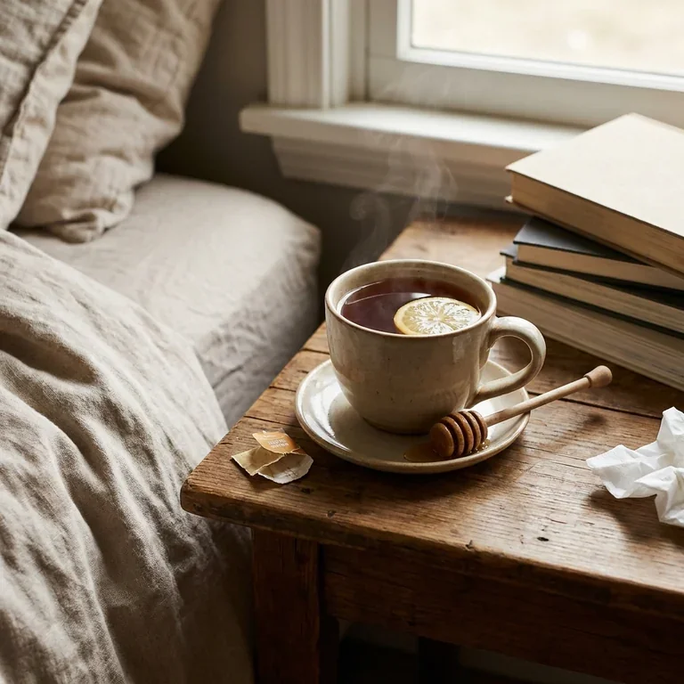 Una taza de té con limón, una cuchara de miel y libros en una mesa de noche junto a la cama