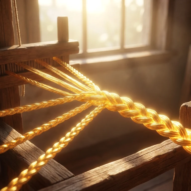 Varias hebras doradas que se trenzan hasta formar un solo cordón sobre un bastidor de madera, con luz cálida de ventana
