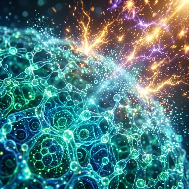 Red molecular azul y verde iluminada, con destellos anaranjados en el borde