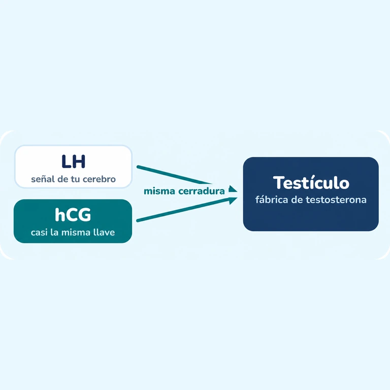 Diagrama: la LH, se&ntilde;al de tu cerebro, y la hCG, casi la misma llave, abren la misma cerradura del test&iacute;culo, la f&aacute;brica de testosterona