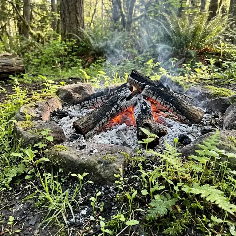 Fotografía: restos de una fogata en el suelo del bosque: troncos carbonizados con brasas naranjas todavía encendidas bajo la ceniza, dentro de un círculo de piedras con musgo, rodeados de helechos y brotes verdes nuevos.