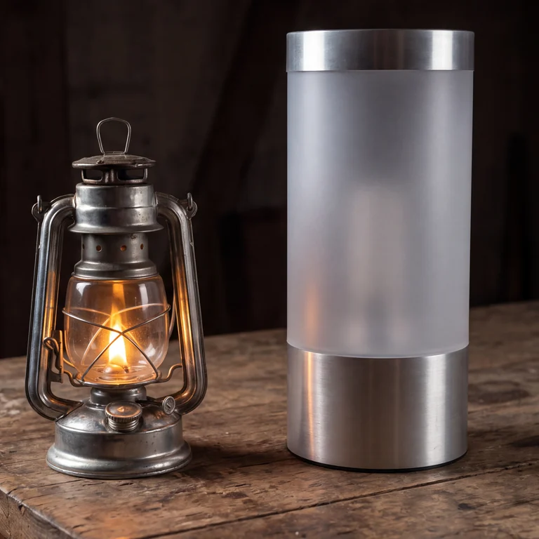 Un quinqué antiguo encendido junto a una lámpara moderna sobre una mesa de madera: un medicamento de los años sesenta que todavía se usa