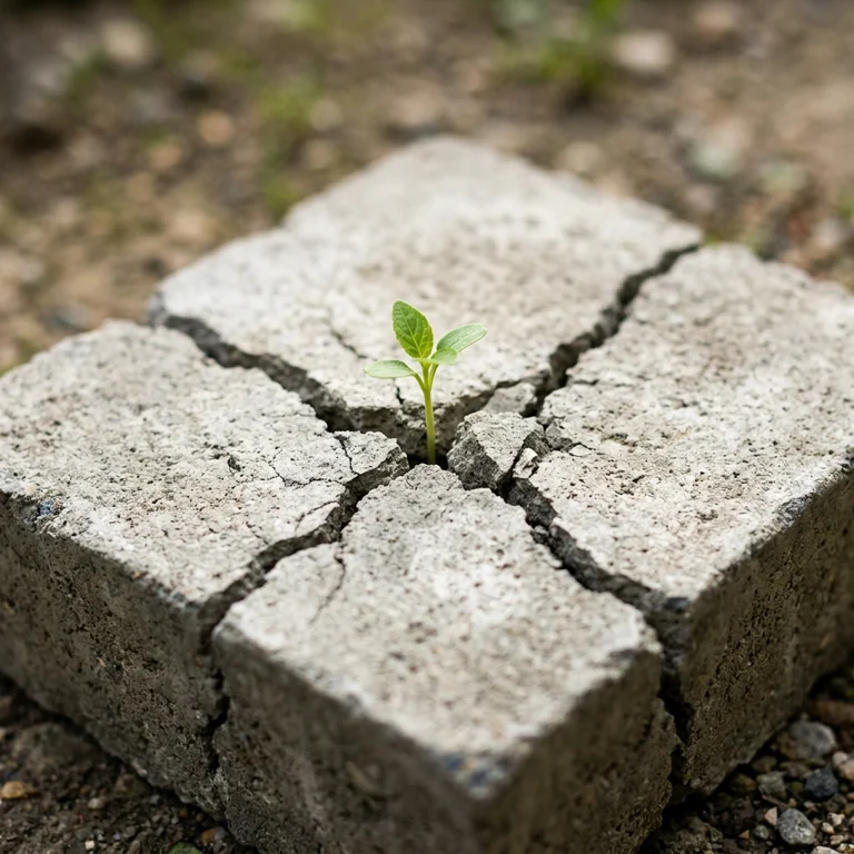 Un pequeño brote verde que crece en la grieta donde se juntan cuatro bloques de concreto desgastados