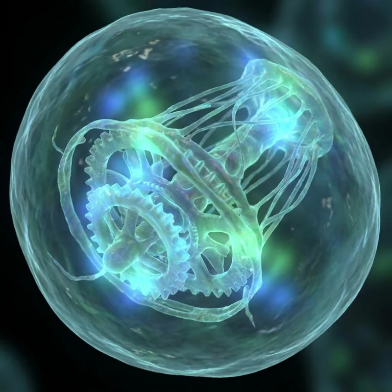 Una célula translúcida con un mecanismo de engranajes luminoso girando en su interior: el motor diminuto que nadie ve