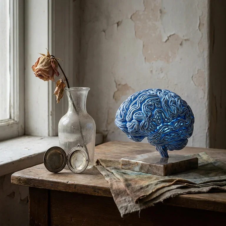 Escultura azul de un cerebro sobre una mesa de madera junto a una rosa seca: el deseo nace en el cerebro