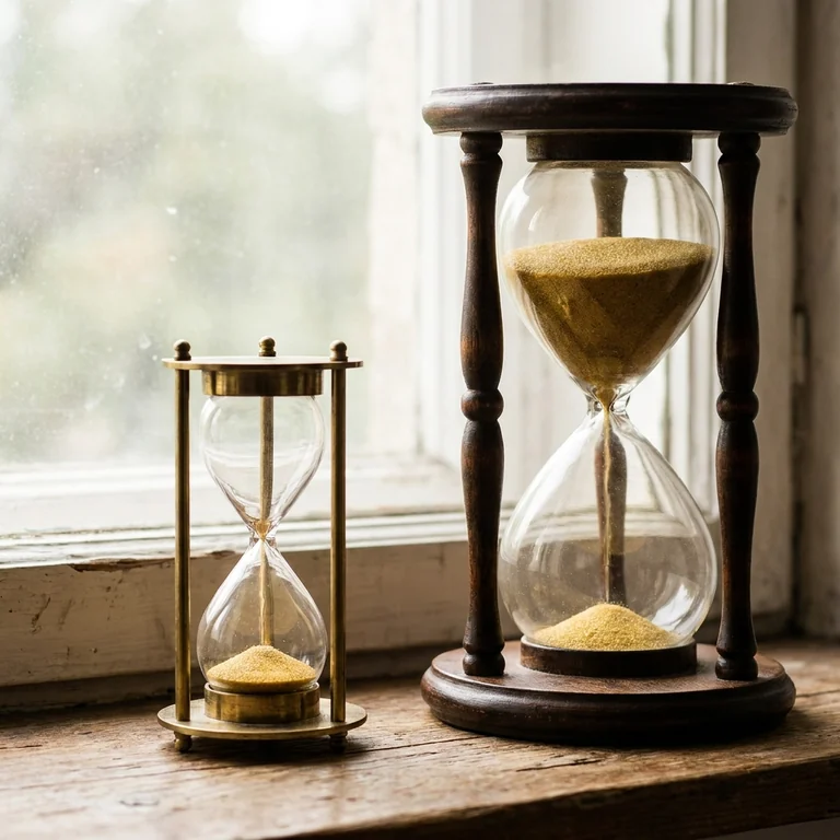 Dos relojes de arena de tamaños muy distintos junto a una ventana: el pequeño casi vacío, el grande todavía lleno