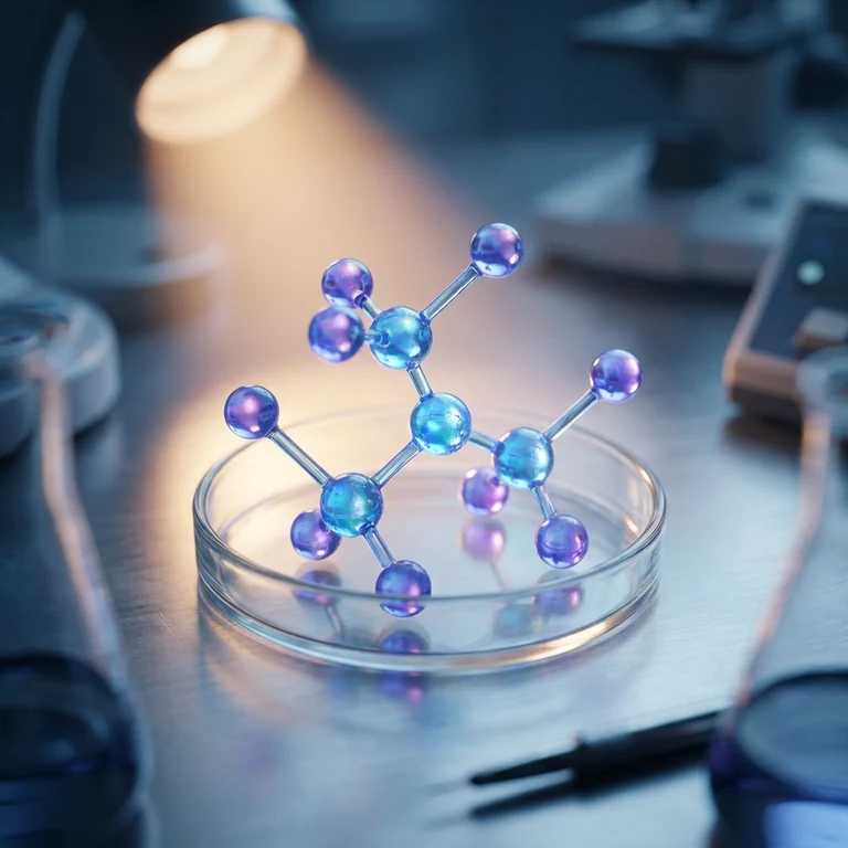 Un modelo molecular iluminado dentro de una placa de Petri sobre una mesa de laboratorio: la evidencia de estos péptidos sigue en el laboratorio