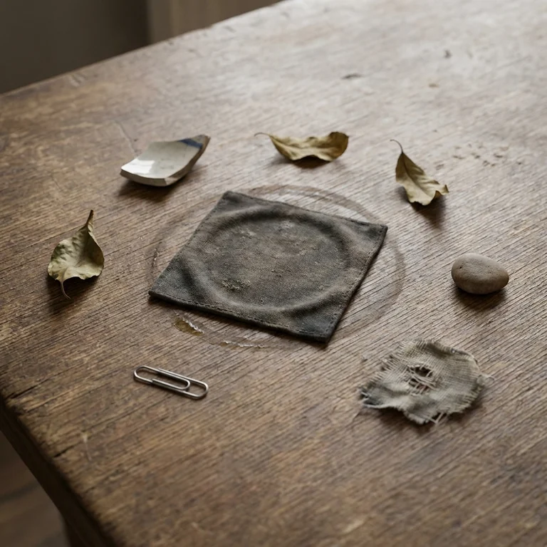 Mesa de madera oscura con un paño cuadrado desgastado sobre la marca circular de una taza, rodeado de hojas secas, un clip y una piedrita, bajo luz cálida