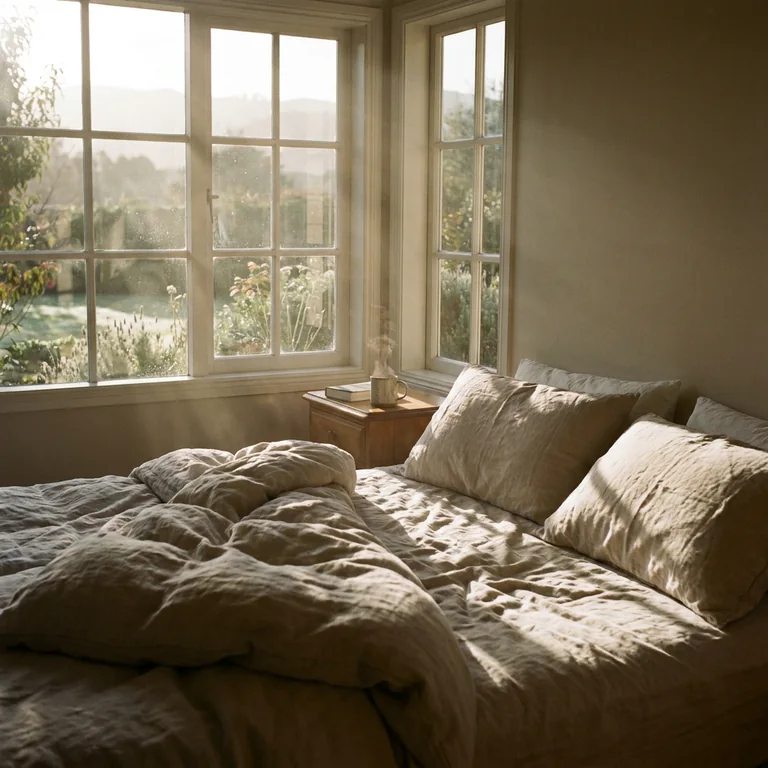 Una cama de lino sin hacer junto a una ventana con luz cálida de la mañana