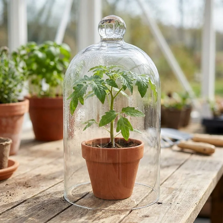 Un invernadero soleado con hileras de plantas jóvenes, cada una protegida bajo su propia campana de cristal hasta estar lista