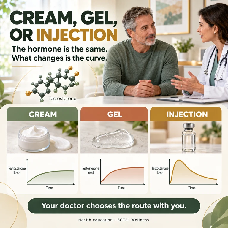 Infographic: cream, gel or injection, how the testosterone route changes your experience