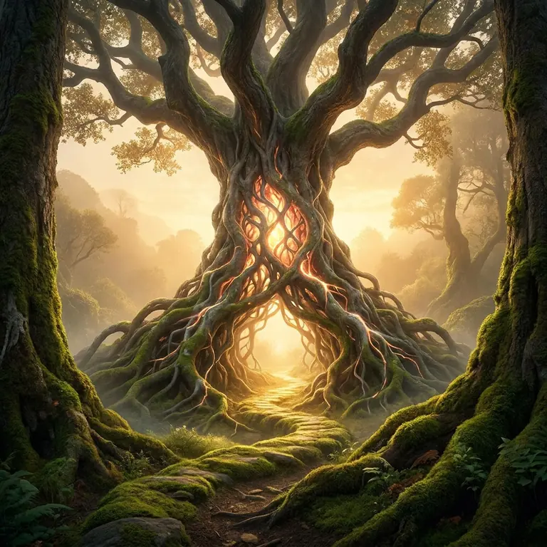 Un árbol antiguo de raíces enormes con una luz cálida encendida en el centro del tronco, en un claro de bosque al amanecer