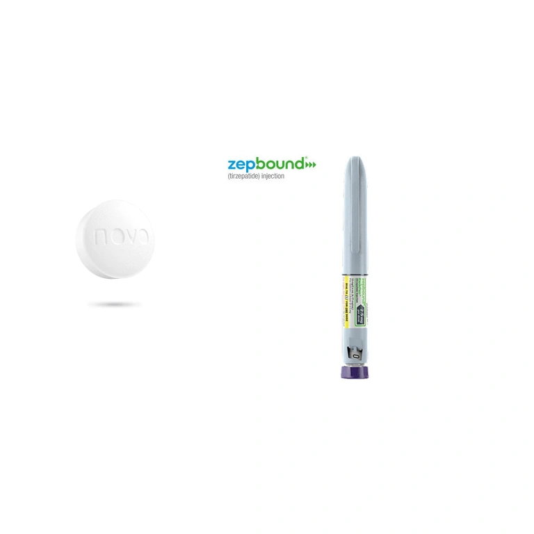 Una tableta blanca de Wegovy junto a una pluma inyectora de Zepbound