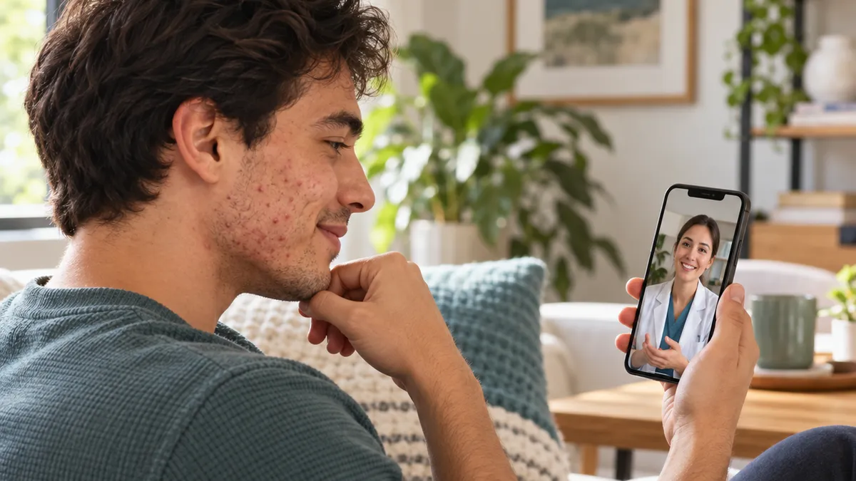 A young man with acne on his cheek smiles during a video visit on his phone with a healthcare provider