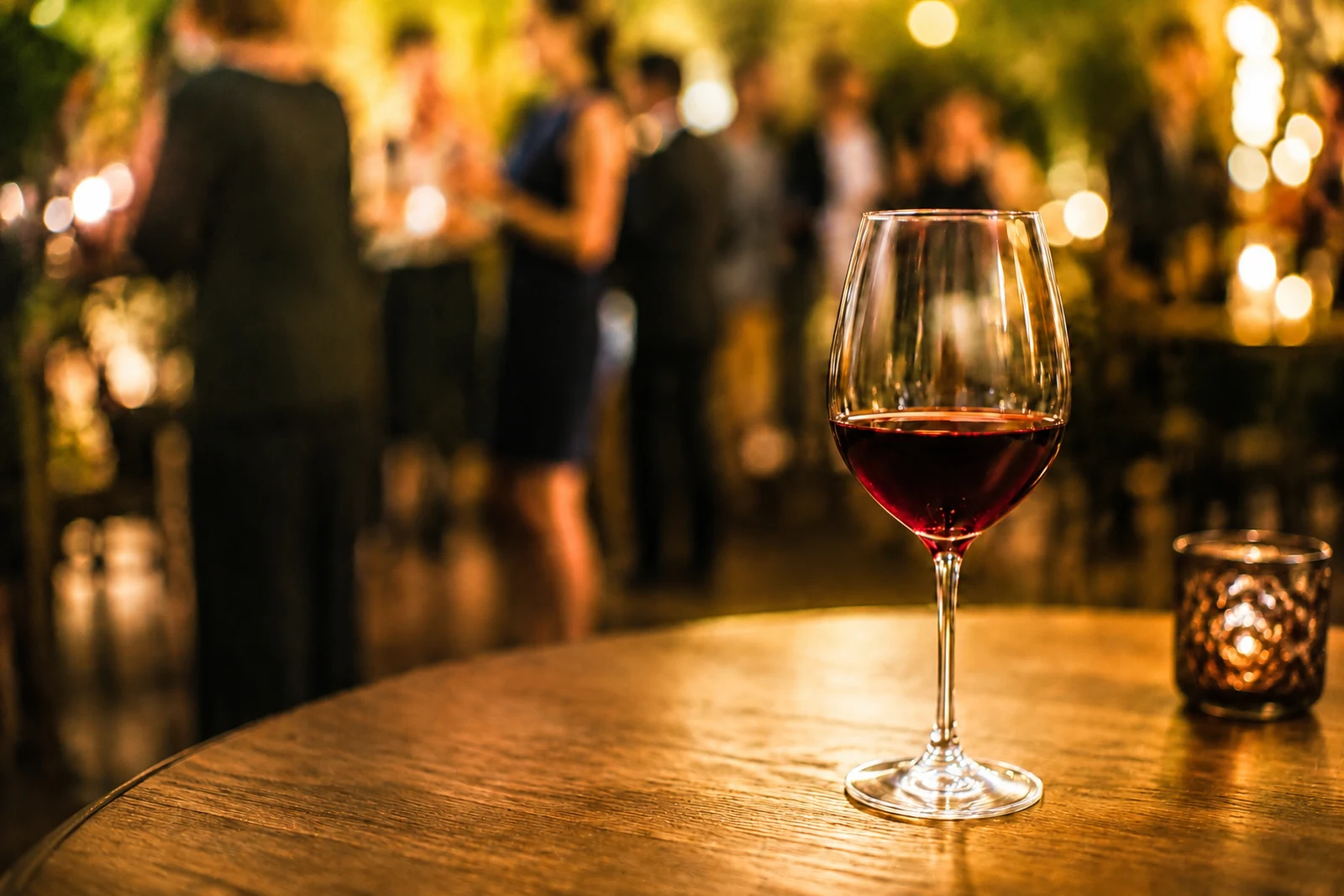 Copa de vino servida y sin tocar sobre una mesa en una reunión nocturna