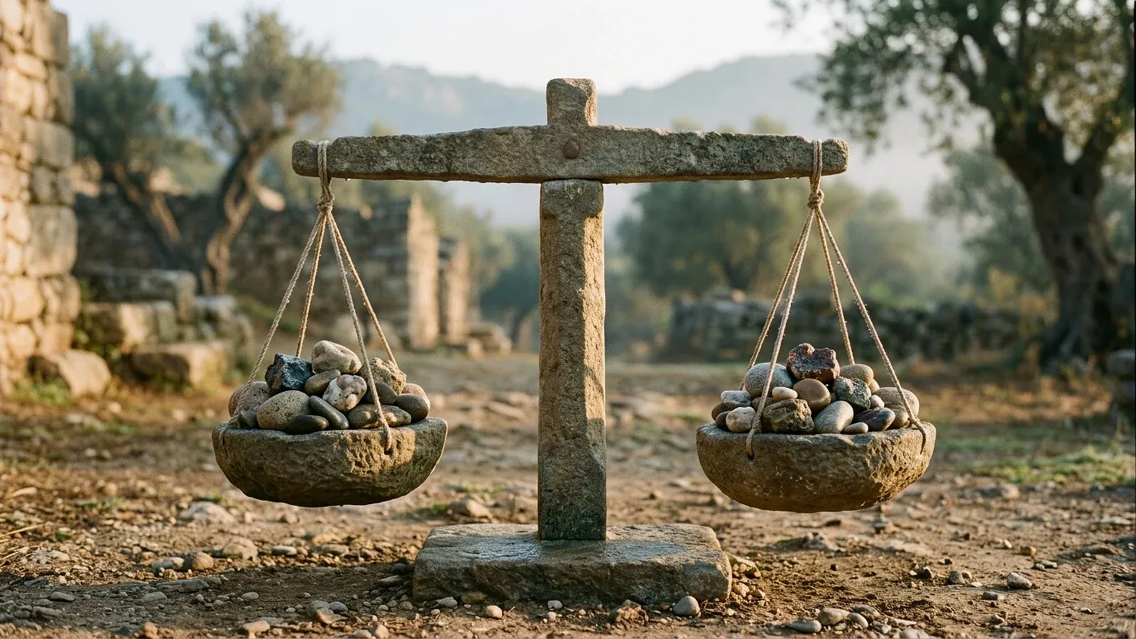 An ancient stone balance scale resting perfectly level in morning light in an olive grove, both pans loaded with stones