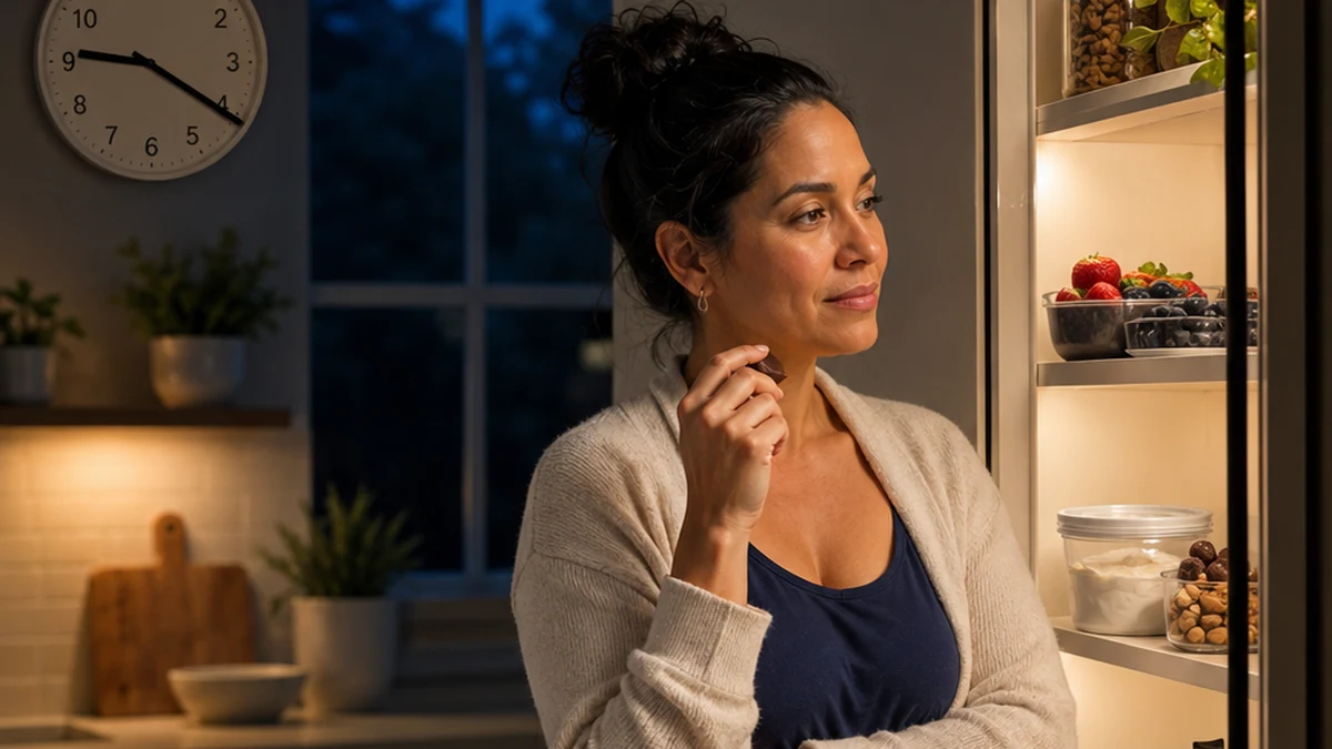 Woman standing at an open pantry in a kitchen at night, wall clock reading nine