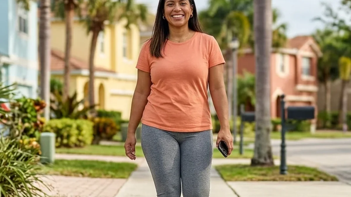 Mujer latina caminando por su vecindario, sonriendo, con una botella de agua en la mano