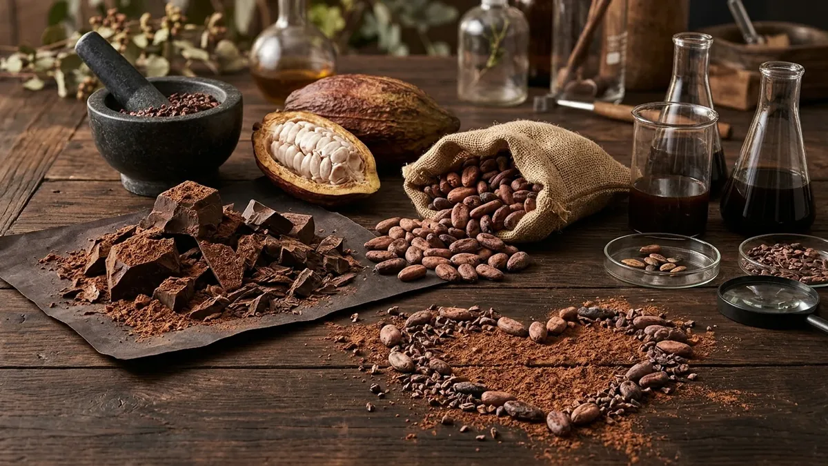 Rustic wooden table with an open cocoa pod, a burlap sack of roasted cocoa beans, chunks of dark chocolate on parchment, cocoa powder and beans arranged in a heart shape, a stone mortar and glass flasks of dark liquid.