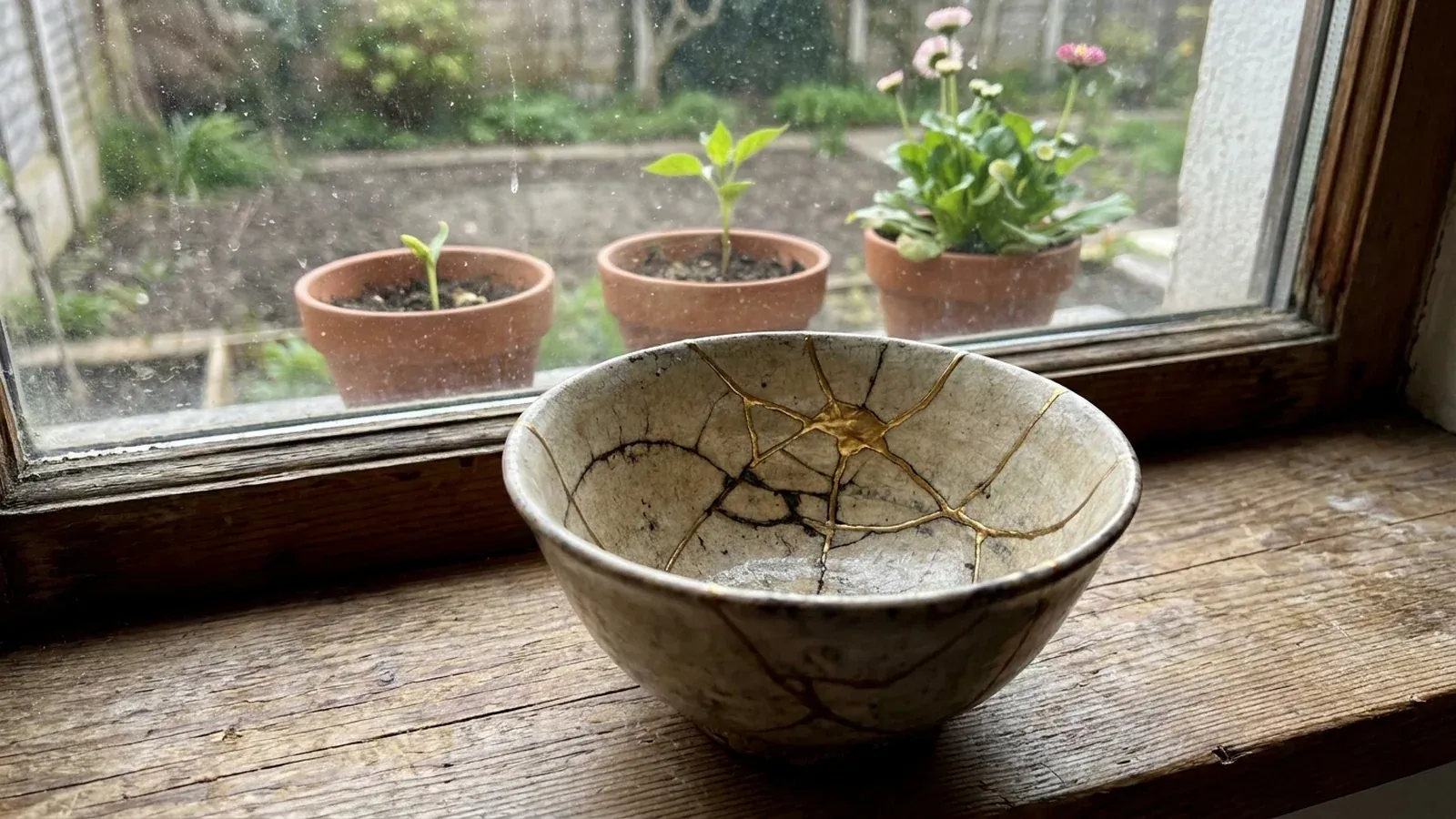 A ceramic bowl repaired with visible gold seams, on a windowsill with seedlings growing behind the glass: something humble that was mended slowly and held