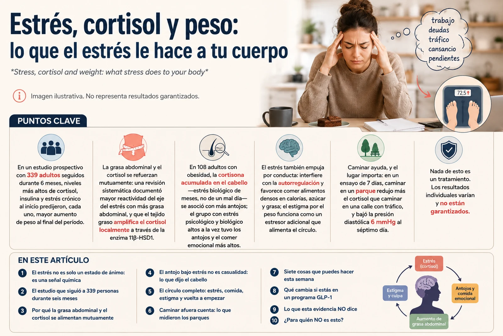 Infografía: Estrés, cortisol y peso — puntos clave, el círculo del estrés y el índice del artículo