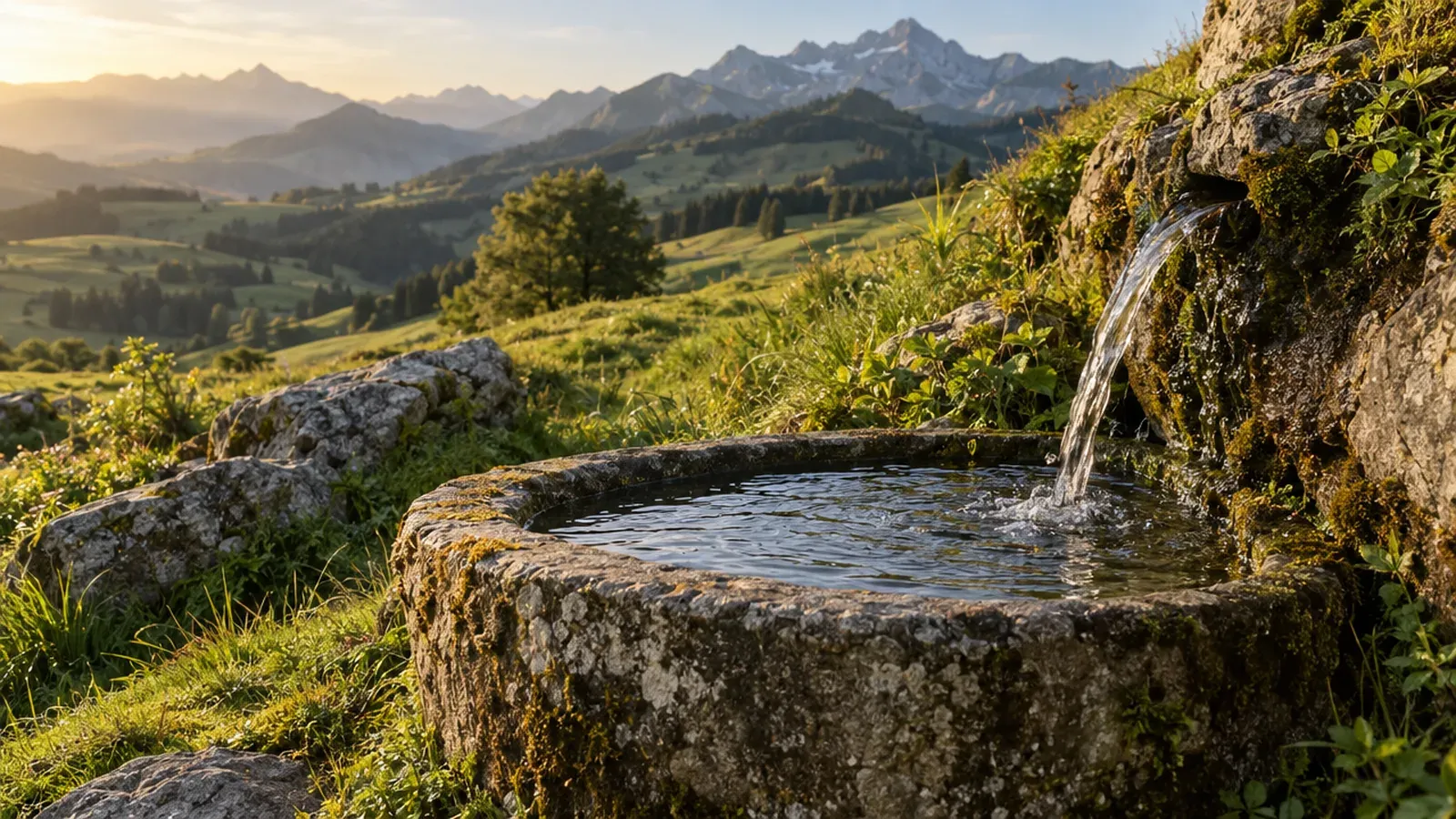 A stone trough fed by water falling from the rock, on a green hillside with mountains behind
