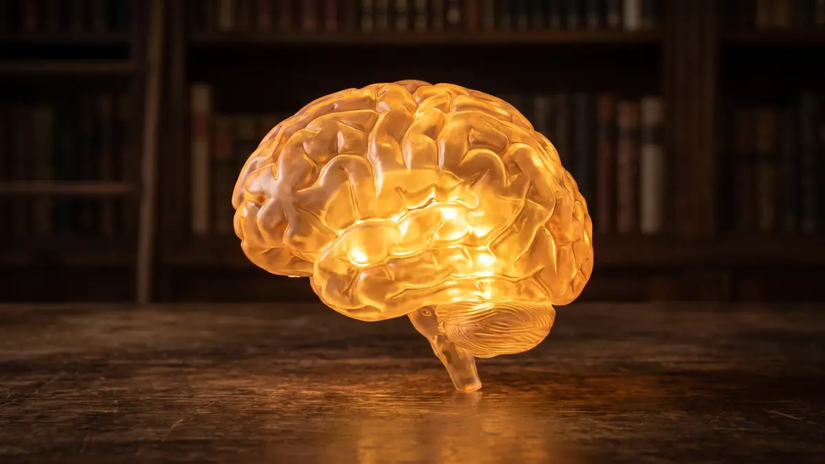 Un modelo de cerebro iluminado por dentro con una luz cálida, sobre una mesa frente a una biblioteca