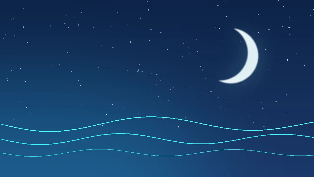 Ilustración de una noche tranquila con luna creciente y ondas de sueño