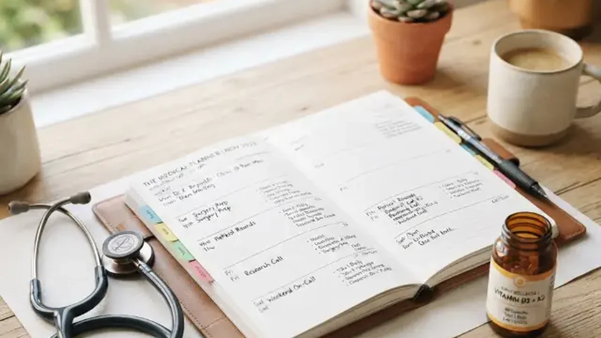 Mujer latina revisando su calendario en la cocina por la mañana