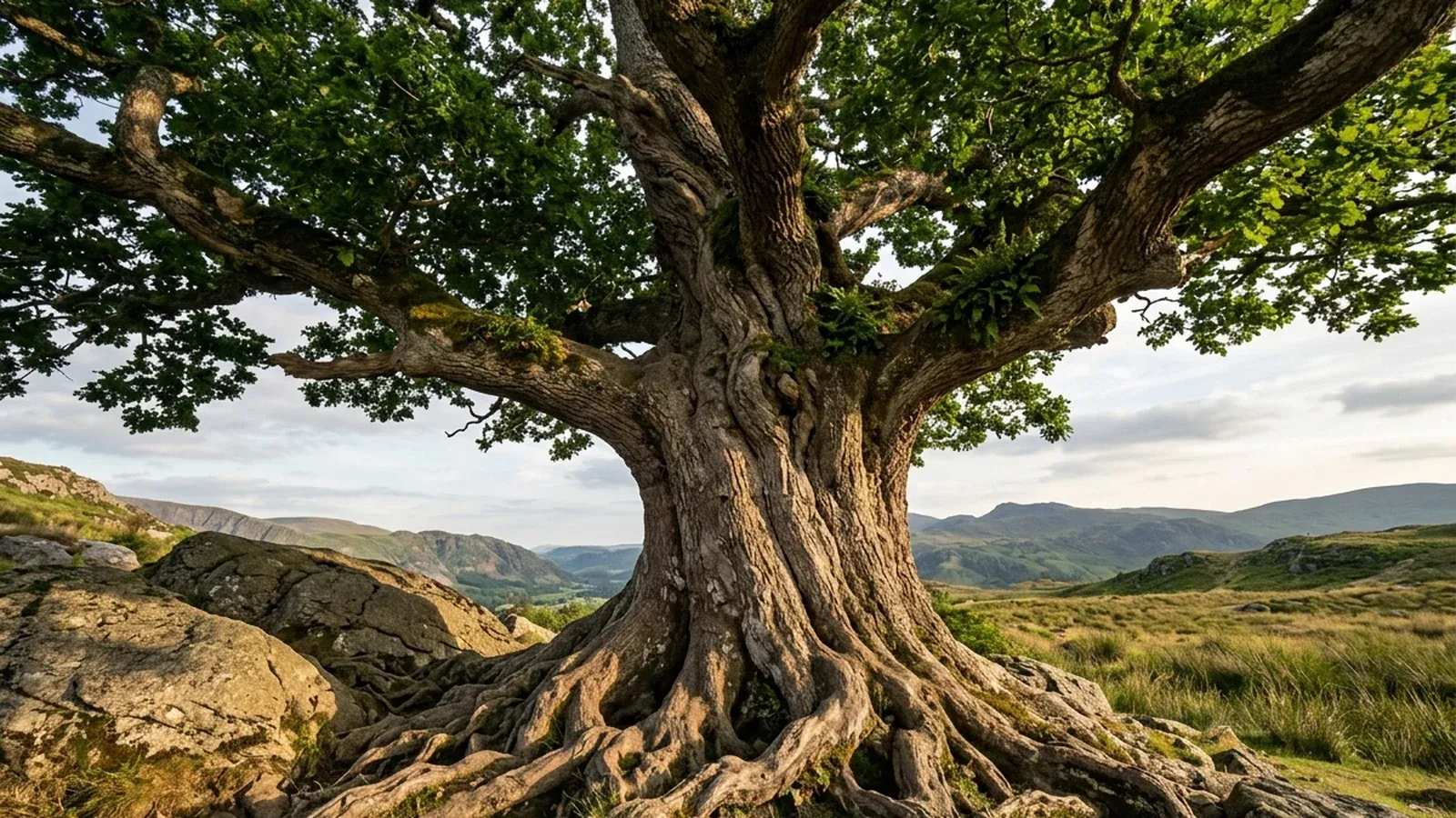 An ancient oak with thick roots gripping bare rock, hills behind