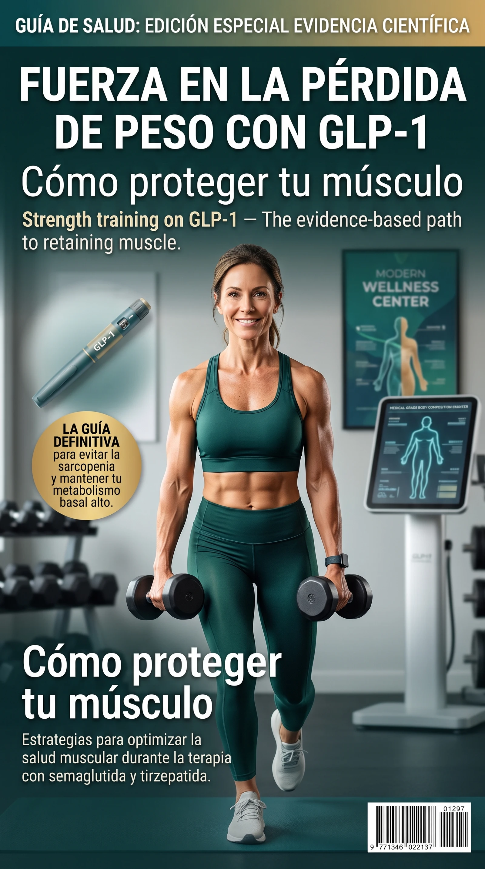 Infográfica: entrenamiento de fuerza durante GLP-1 — cuánto músculo se pierde, por qué importa, y cómo protegerlo con fuerza y proteína
