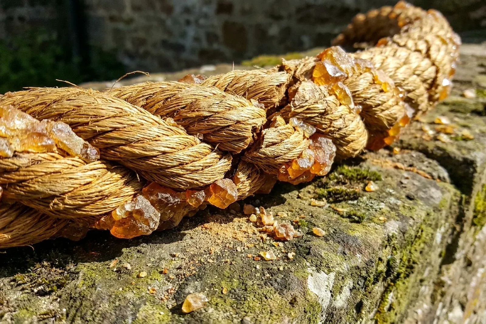A thick braided rope of golden fibers crusted with amber crystals, with the fibers splitting where the crust is heaviest, resting on a sunlit stone ledge