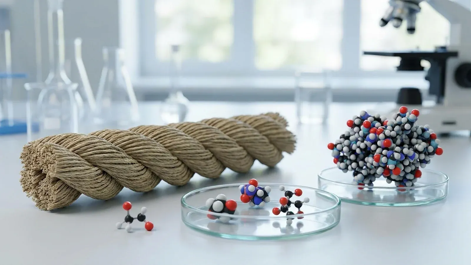 Cuerda trenzada de fibra natural sobre una mesa de laboratorio luminosa, junto a modelos moleculares de bolas y varillas en cápsulas de Petri, con material de vidrio y un microscopio al fondo.
