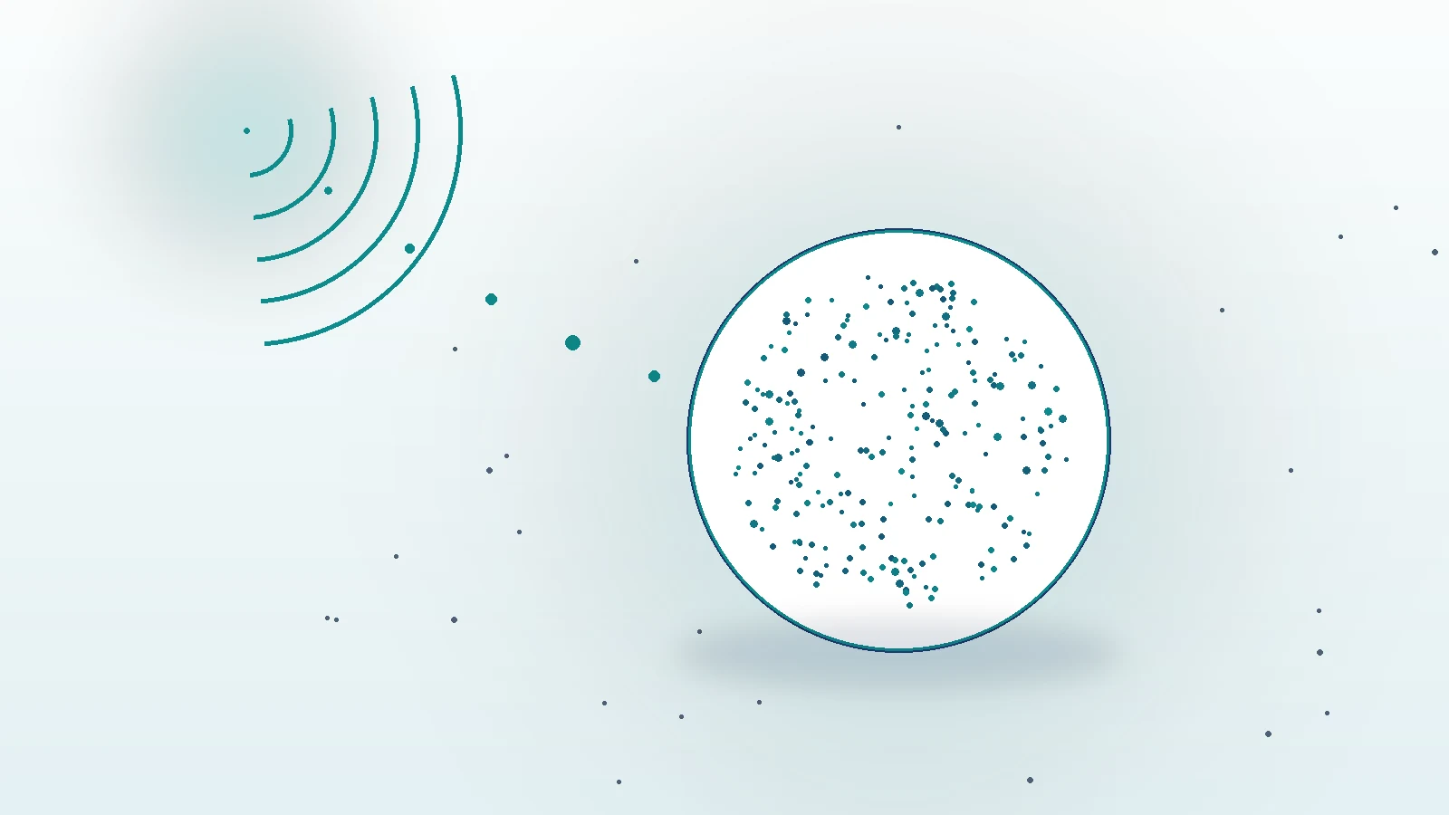 Illustration: signal waves arriving from the left toward a pale sphere densely filled with dots, with only a few scattered dots outside it