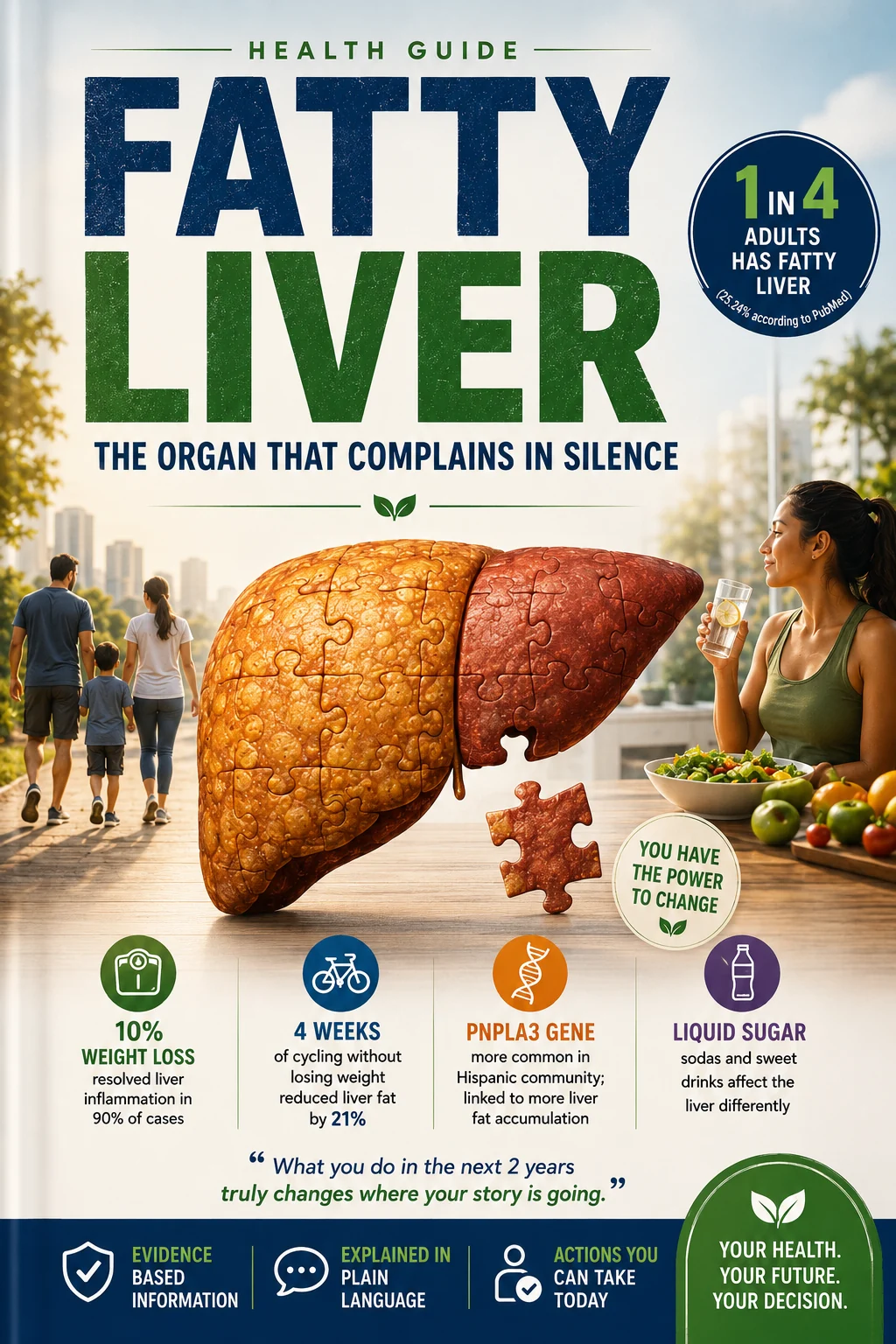 Infographic: Fatty liver — the organ that complains in silence. 1 in 4 adults has fatty liver (25.24% according to PubMed); 10% weight loss resolved liver inflammation in 90% of cases; 4 weeks of cycling without losing weight reduced liver fat by 21%; the PNPLA3 gene is more common in the Hispanic community; liquid sugar affects the liver differently