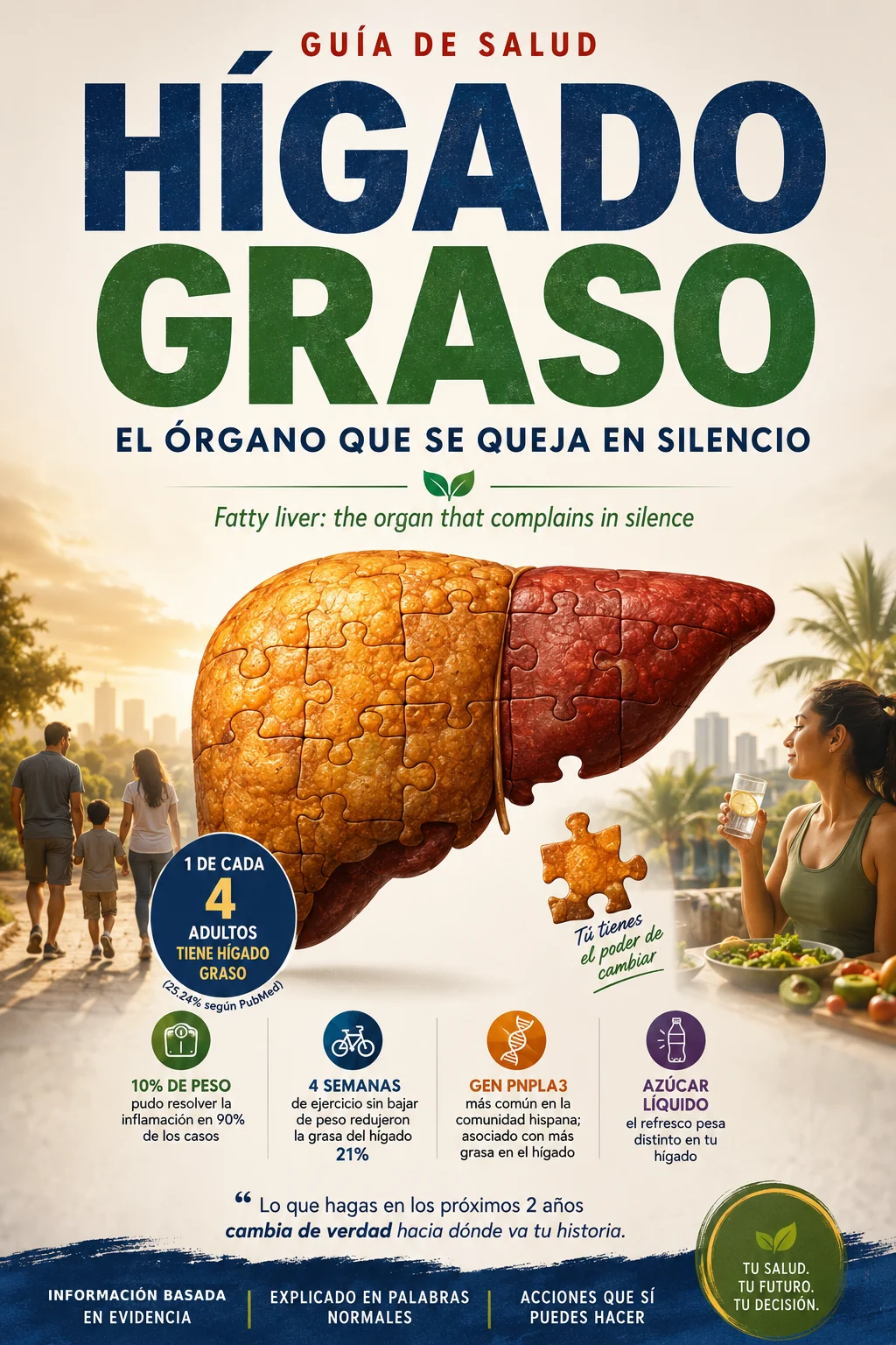 Infografía: Hígado graso — el órgano que se queja en silencio. 1 de cada 4 adultos lo tiene (25.24% según PubMed); 10% de peso resolvió la inflamación en 90% de los casos; 4 semanas de ejercicio sin bajar de peso redujeron la grasa del hígado 21%; el gen PNPLA3 es más común en la comunidad hispana; el azúcar líquido pesa distinto en tu hígado