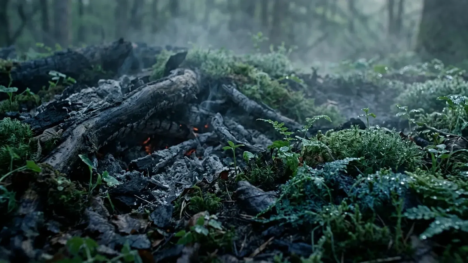 The remains of a burnt-out fire on a forest floor: charred logs with orange embers still glowing under the ash, surrounded by dew-covered green moss and a new seedling growing at the centre.