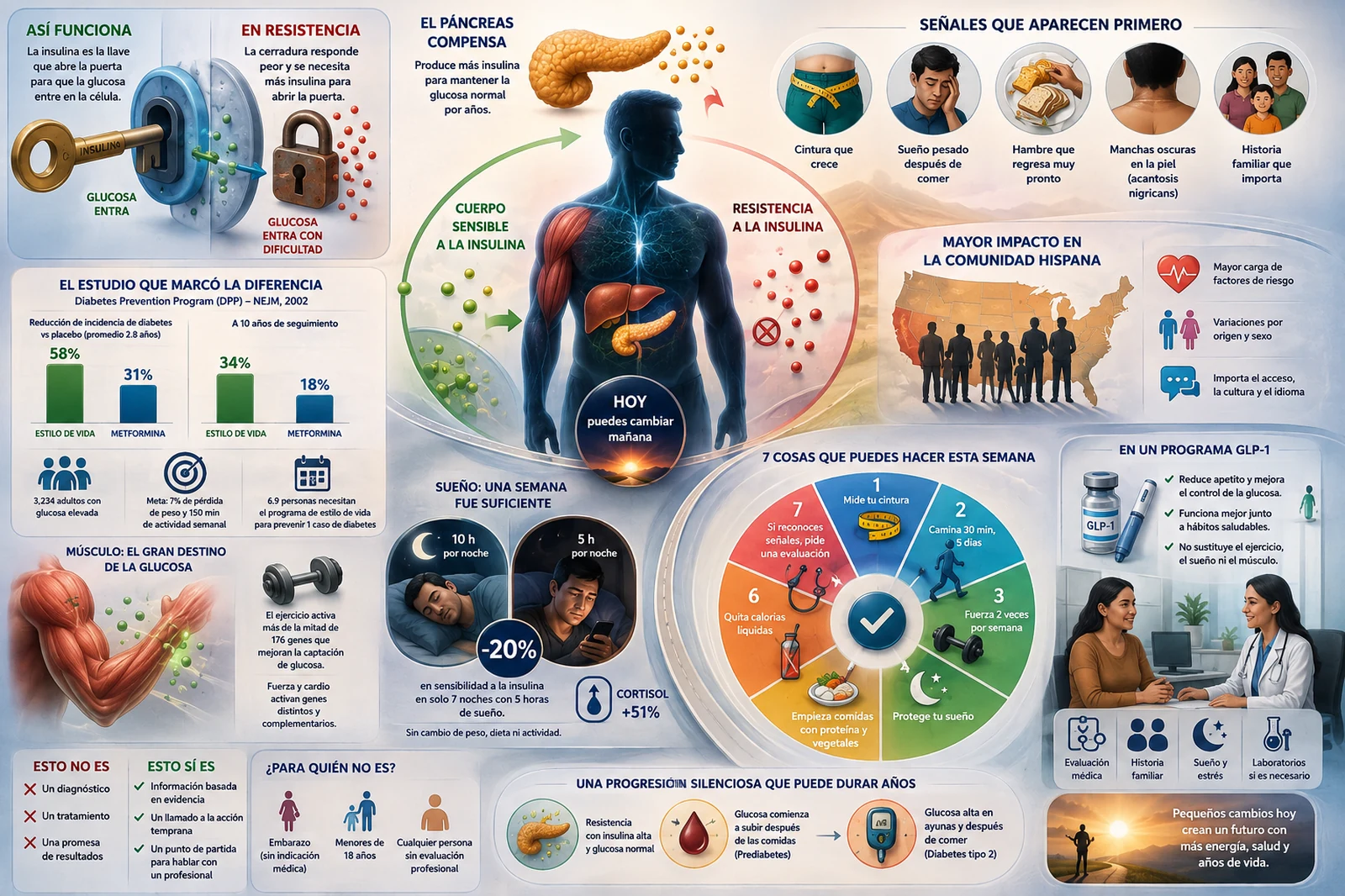 Infographic: Insulin resistance — how the key and lock work, the compensating pancreas, the signs that show up first, the DPP trial, muscle, sleep, impact on the Hispanic community and seven things you can do this week