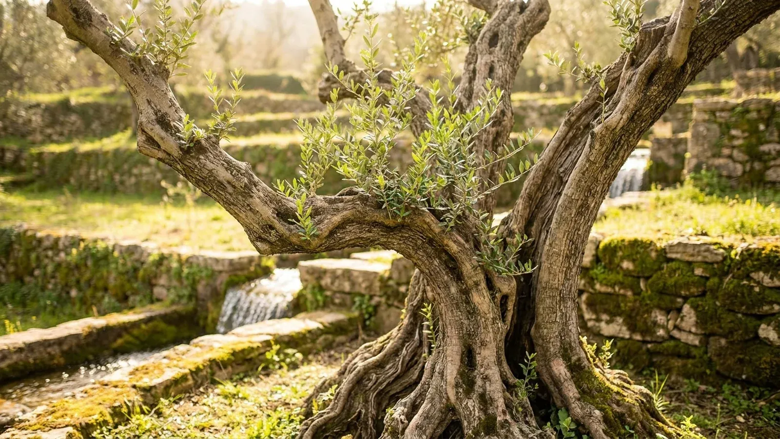 A very old olive tree with a gnarled, twisted trunk pushing out young branches and fresh leaves, on a stone terrace in golden light