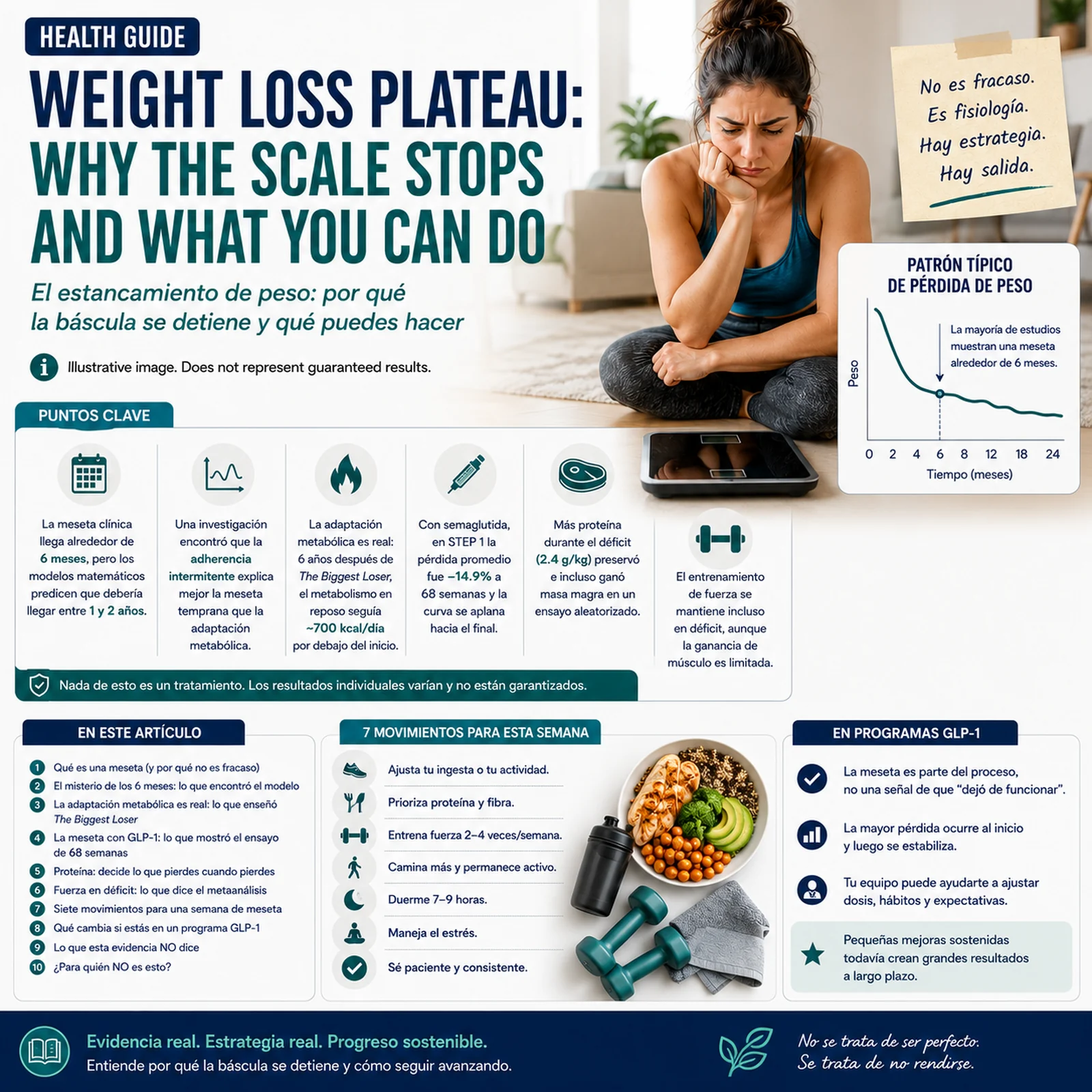 Infographic: Weight-loss plateau — why the scale stops, key points, the typical weight-loss pattern and seven moves for this week