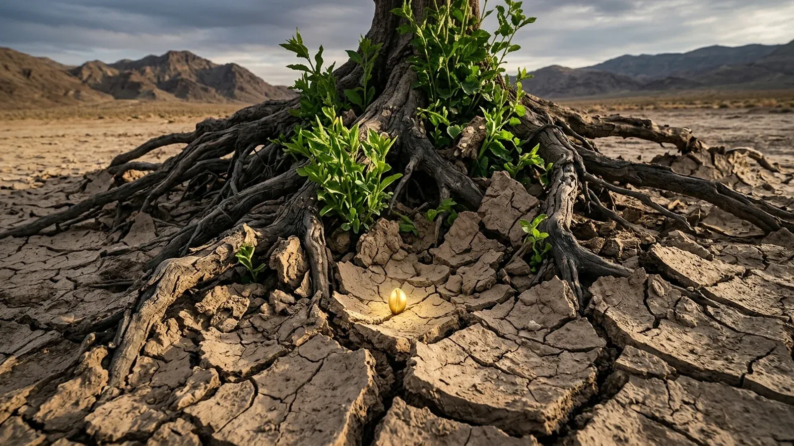 A tiny glowing seed at the center of dry cracked earth, with a large root system and green shoots that have grown out of it, below a mountain range
