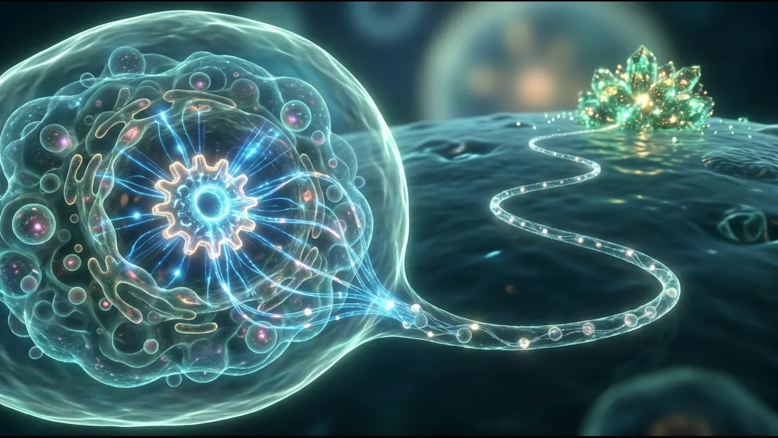 A glowing cell with a core that shines like an engine, and a trail of light leaving it across the water toward a crystalline structure on the far shore