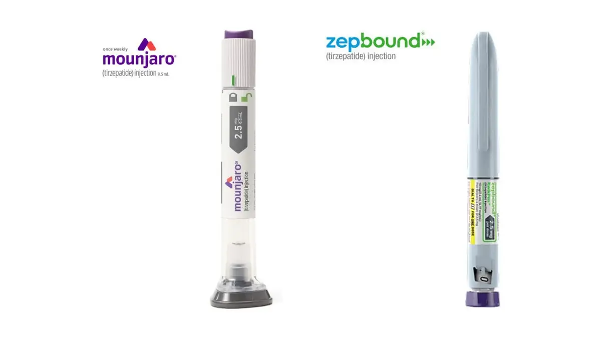 La pluma de Mounjaro y el KwikPen de Zepbound, uno al lado del otro, los dos con la dosis de 2,5 mg