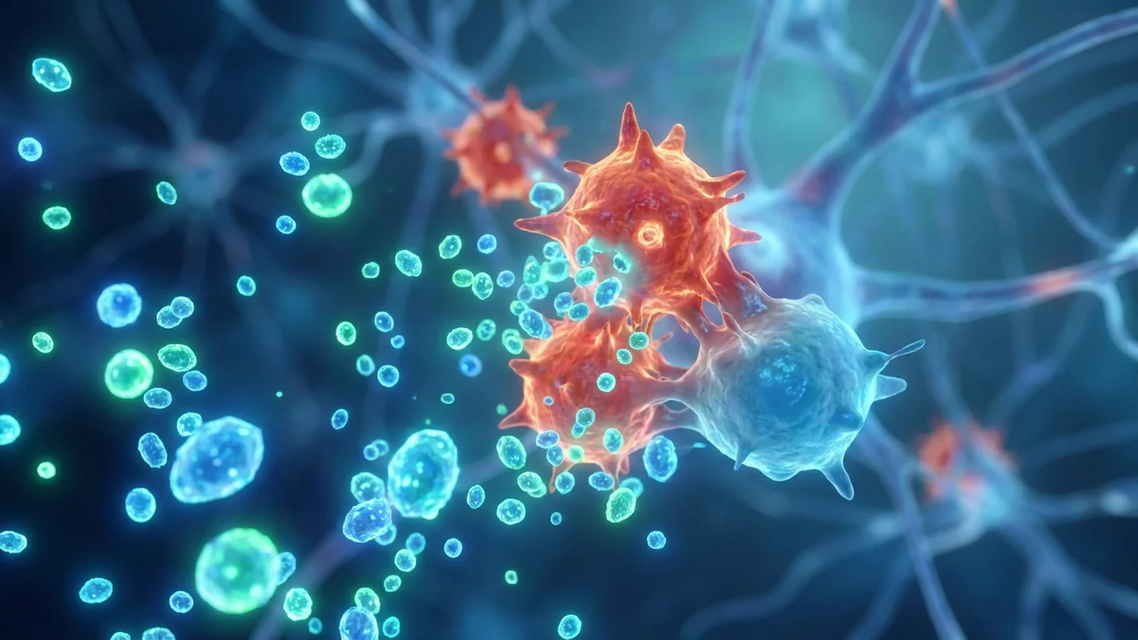 Immune cells of nervous tissue in orange and blue among glowing neural fibers, some activated and others calm