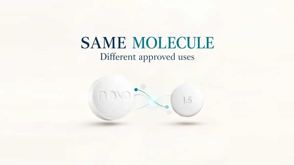 Two white tablets linked by fine teal lines under the words Same Molecule, Different approved uses