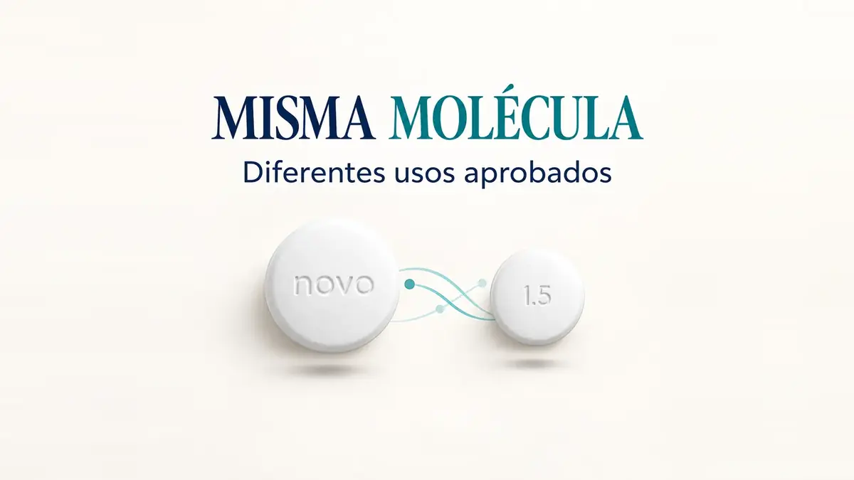 Dos tabletas blancas unidas por líneas finas color turquesa, bajo el texto Misma molécula, diferentes usos aprobados