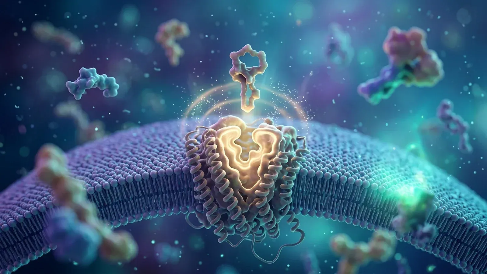 Ilustración microscópica: una molécula dorada con forma de llave desciende hacia un receptor con forma de cerradura incrustado en la membrana de una célula, rodeada de otras moléculas que flotan sobre un fondo azul y violeta.